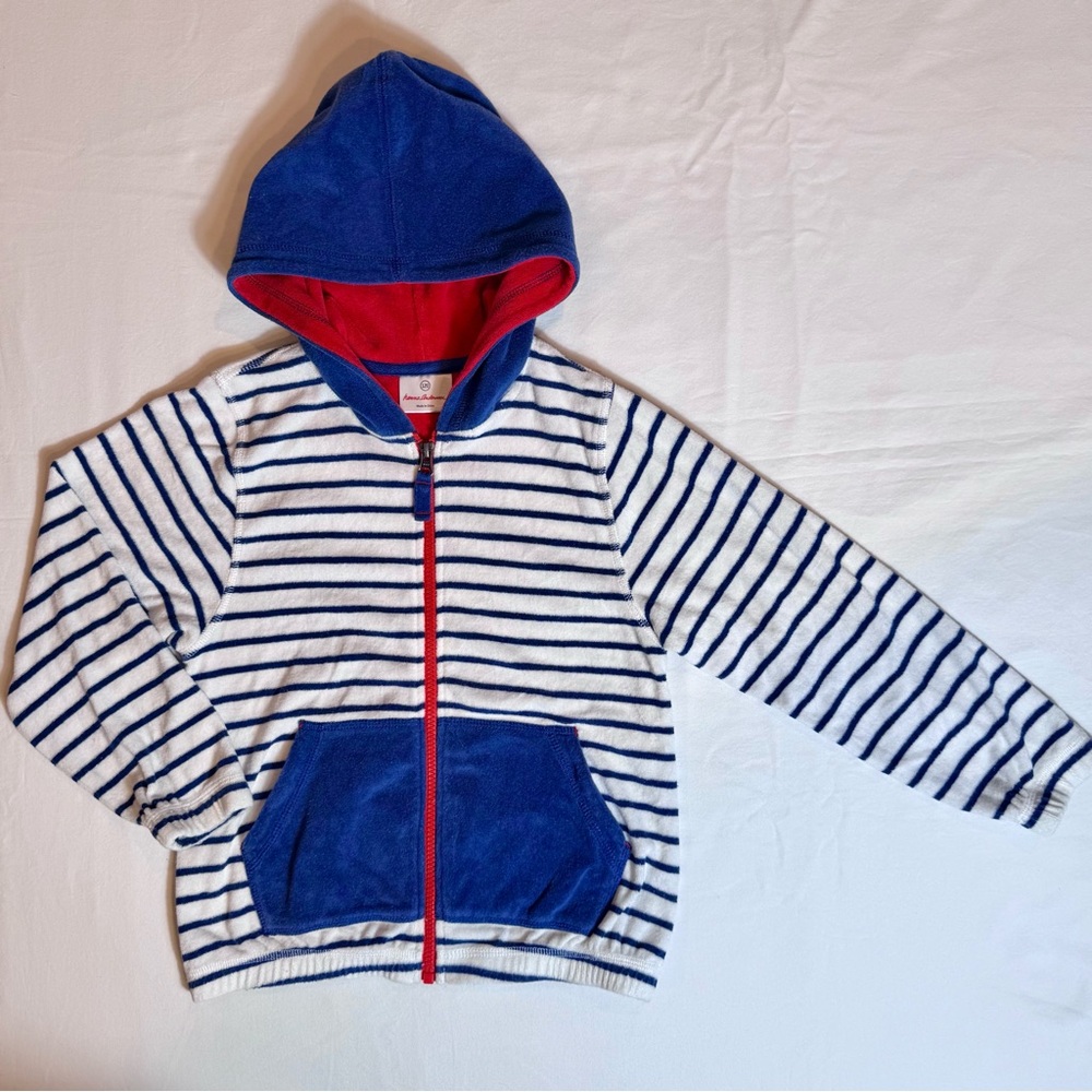 Hanna Andersson Swim Cover Up Boys 6-7 120 cm Zip Up Toweling Hoodie Stripes
